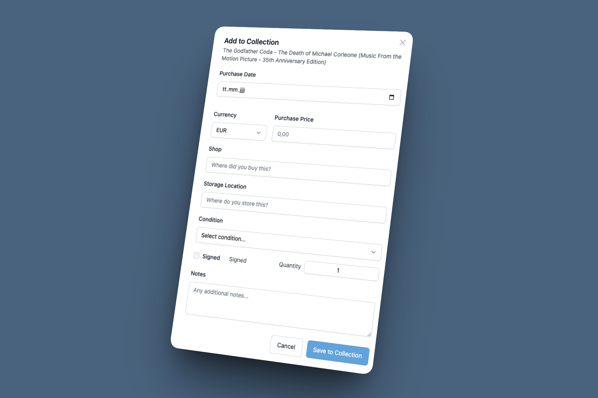 Add to Collection dialog showing extended fields